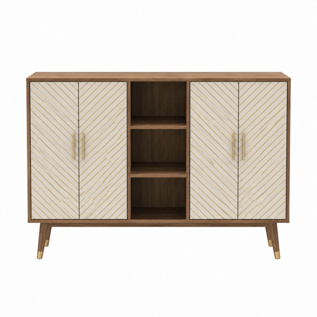 Sideboard Nussbaum Weiß Gold Holzwerkstoff rechteckig mit 4 Türen und 3 offenen Fächern 160 x 40 x 90 cm