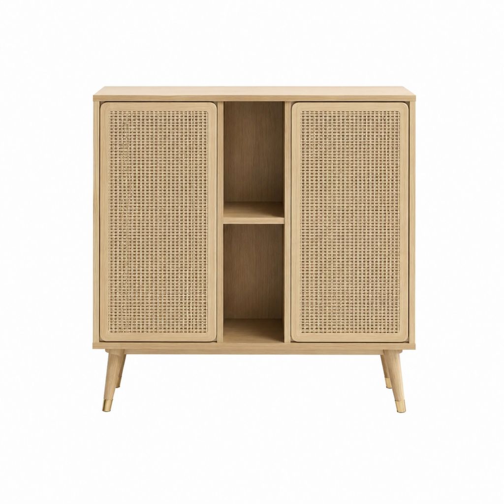 Sideboard Natur MDF mit Eichenfurnier und Rattantüren rechteckig 90 x 40 x 110 cm