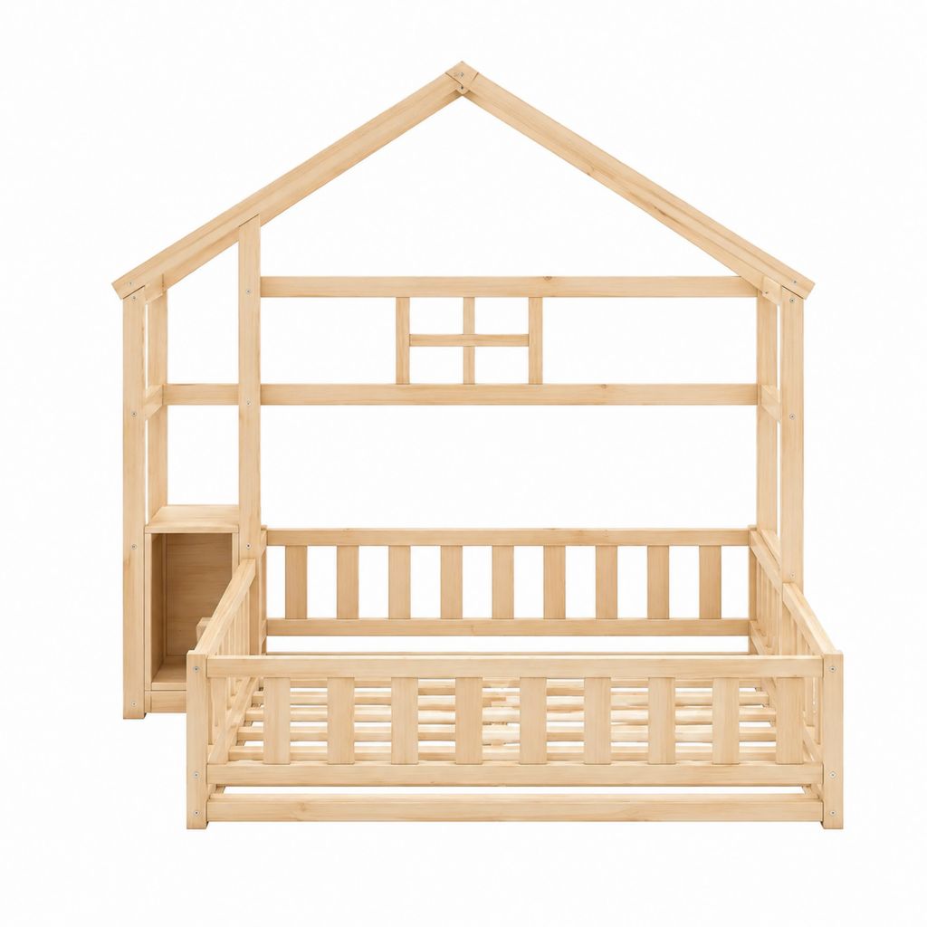 Kinderhausbett mit Stauraumregal und Lattenrost Natur aus massivem Kiefernholz 90 x 200 cm