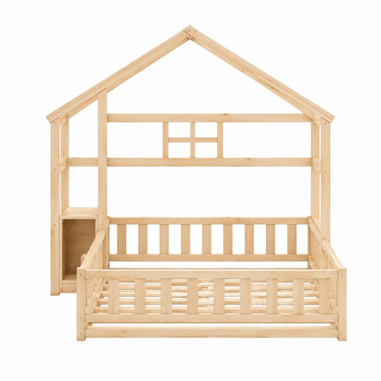 Kinderhausbett mit Stauraumregal und Lattenrost Natur aus massivem Kiefernholz 90 x 200 cm