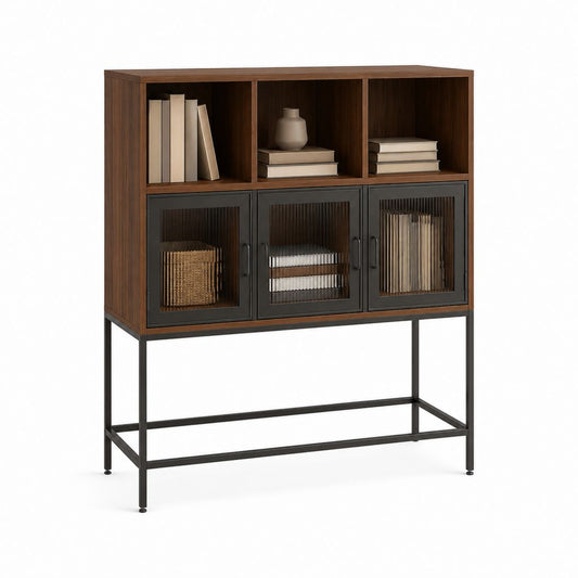 Sideboard mit Vitrine Nussbaumoptik Schwarz Spanplatte Stahl 120 x 40 x 150 cm