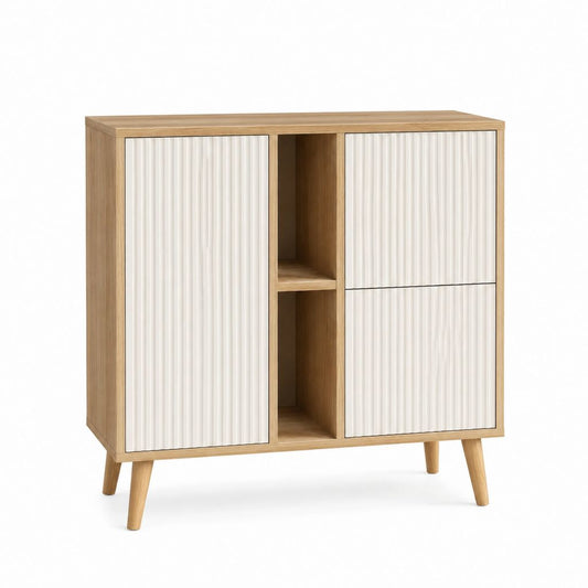 Sideboard 90 x 40 x 110 cm Eichefarben Weiß aus MDF mit geriffelter Front
