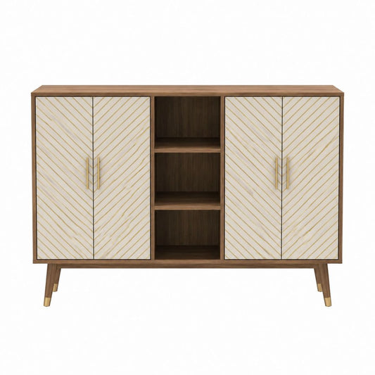 Sideboard Nussbaum Weiß Gold Holzwerkstoff rechteckig mit 4 Türen und 3 offenen Fächern 160 x 40 x 90 cm