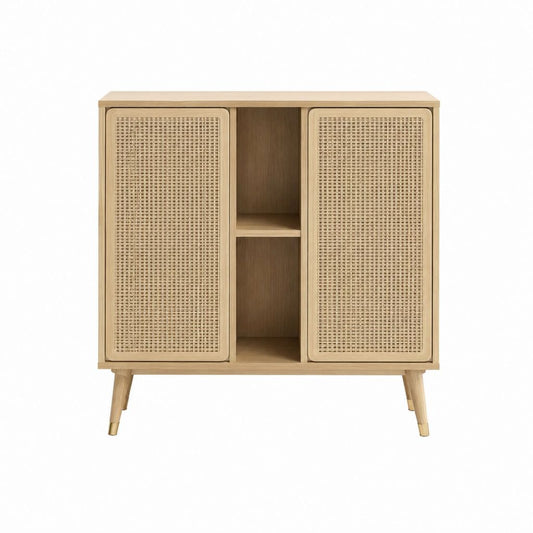 Sideboard Natur MDF mit Eichenfurnier und Rattantüren rechteckig 90 x 40 x 110 cm