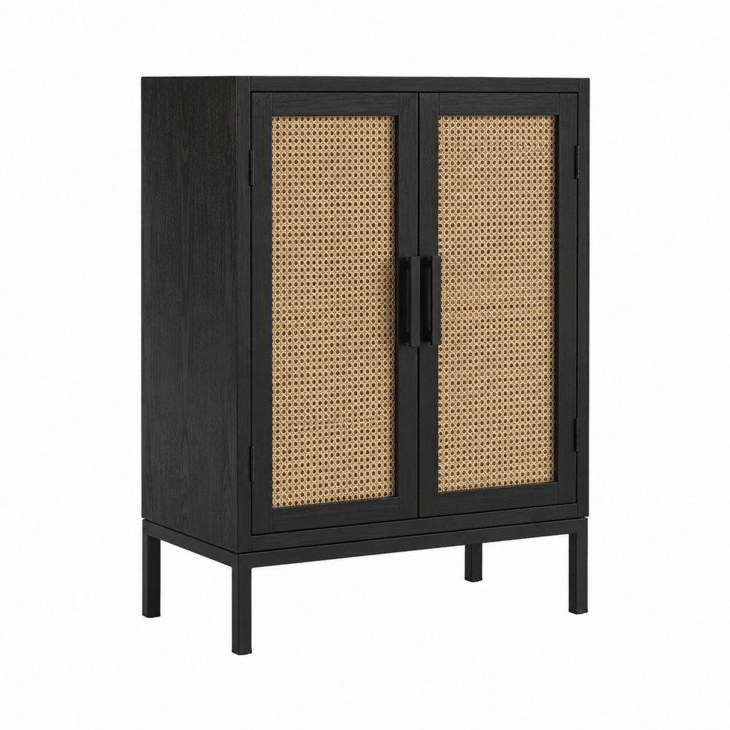 Sideboard mit 2 Türen Schwarz Natur Rattan MDF rechteckig 80 x 40 x 120 cm
